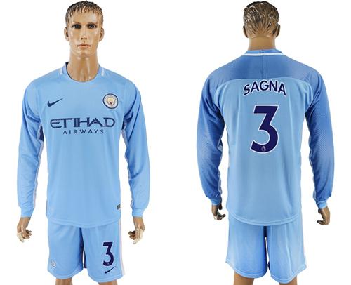 Manchester City #3 Sagna Home Long Sleeves Soccer Club Jersey - Click Image to Close